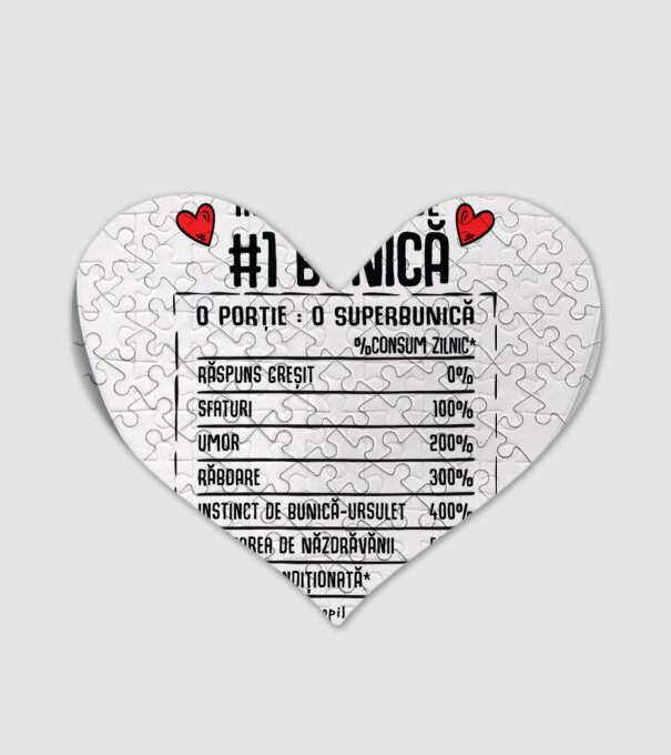 Ingrediente Bunică - o porție : o superbunică - %consum zilnic* răspuns greșit, sfaturi, umor, răbdare, instinct de bunică-ursul model alb pe tricou