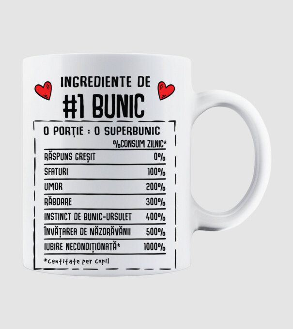 Ingrediente Bunic - o porție : un superbunic - %consum zilnic* răspuns greșit, sfaturi, umor, răbdare, instinct de bunic-ursuleț model alb pe tricou