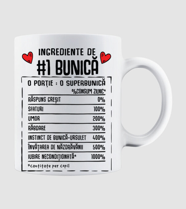 Ingrediente Bunică - o porție : o superbunică - %consum zilnic* răspuns greșit, sfaturi, umor, răbdare, instinct de bunică-ursul model alb pe tricou