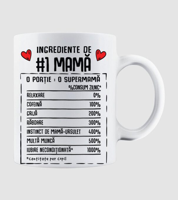 Ingrediente de Mamă - o porție : o supermamă - %consum zilnic* relaxare, cofeină, grijă, răbdare, instinct de mamă-ursuleț, mult model alb pe tricou