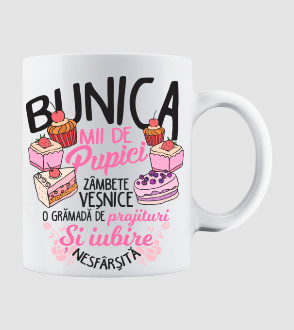 bunica - mii de pupici, zâmbete veșnice, o grămadă de prăjituri și iubire nesfârșită model alb pe tricou