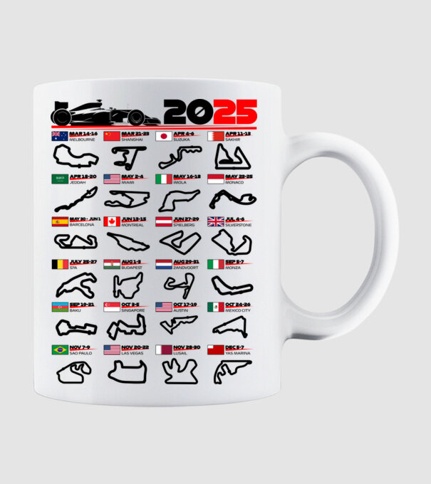 F1 calendar 2025 model alb pe tricou