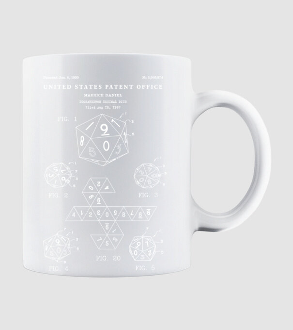 Icosahedron decimal dice patent model alb pe tricou