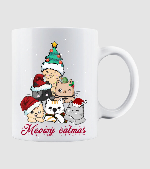 Meowy catmas model alb pe tricou