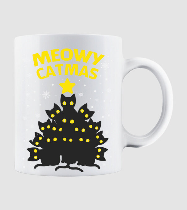 Meowy catmas black model alb pe tricou