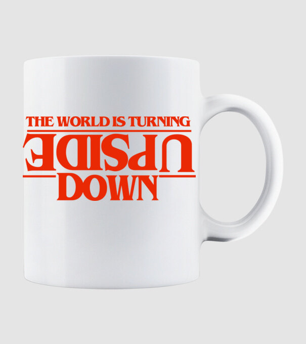 the world is turning upside down model alb pe tricou