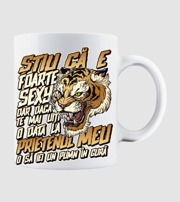 Știu că e foarte sexy, dar dacă te mai uiți o dată la prietenul meu, o să iei un pumn în gură model alb pe tricou