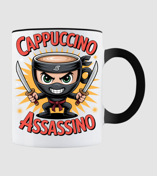 Cappuccino Assasino model negru pe tricou