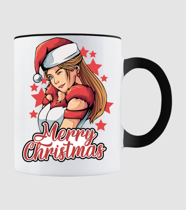 Merry christmas santa girl model negru pe tricou