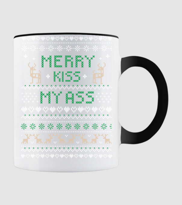 Merry kiss my ass ugly sweater model negru pe tricou