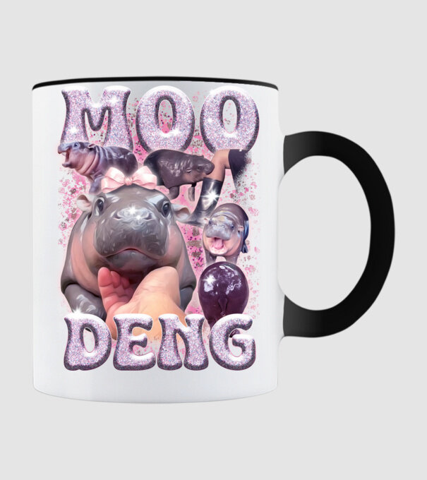 MOO DENG baby hippo model negru pe tricou
