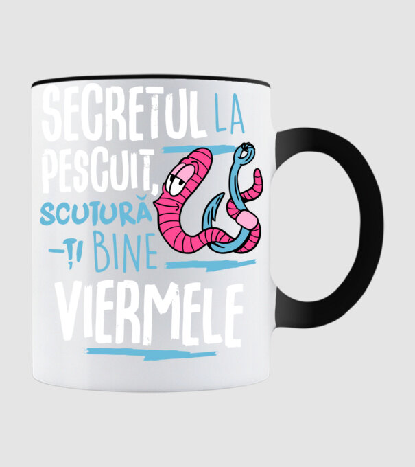 Secretul la pescuit scutură-ți bine viermele model negru pe tricou