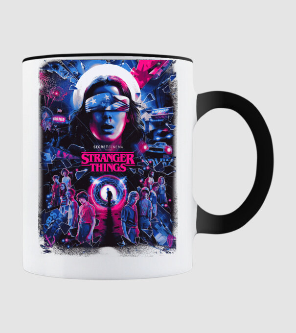 stranger things poster neon model negru pe tricou