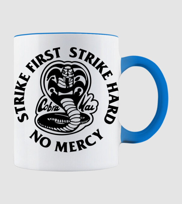 Strike first strike hard no mercy model albastru deschis pe tricou