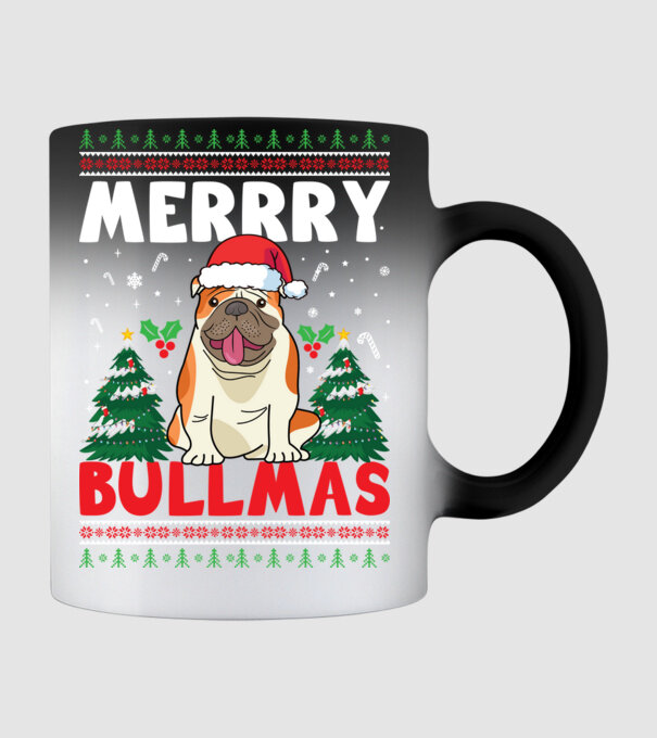 Merry bullmas ugly sweater model negru pe tricou