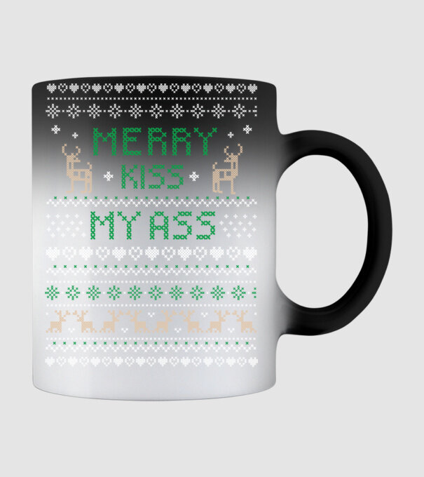 Merry kiss my ass ugly sweater model negru pe tricou