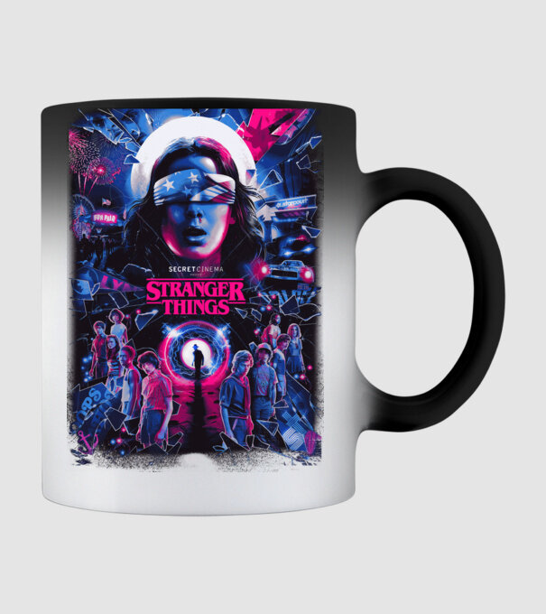 stranger things poster neon model negru pe tricou