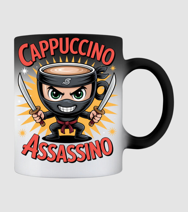 Cappuccino Assasino model negru pe tricou