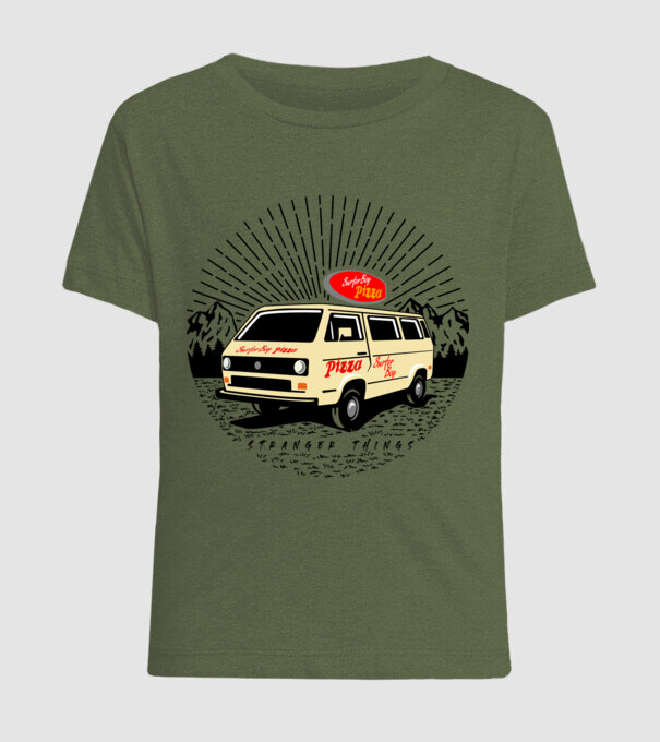 surfer boy pizza bus stranger things model kaki pe tricou