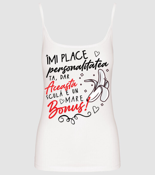 Dar această sculă e un mare bonus! model alb pe tricou