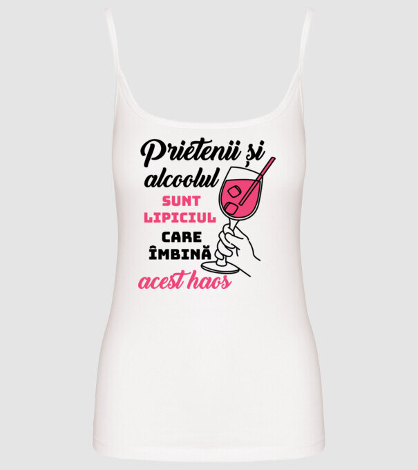 Prietenii și alcoolul sunt lipiciul care îmbină acest haos model alb pe tricou