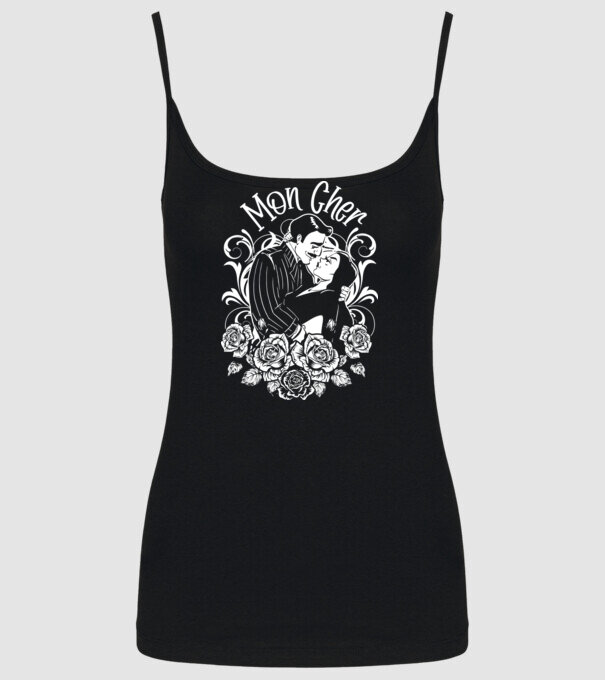 Addams family couple shirt Morticia and Gomez Mon cher model negru pe tricou