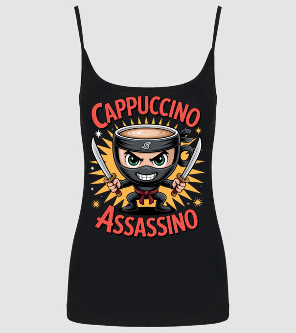 Cappuccino Assasino model negru pe tricou