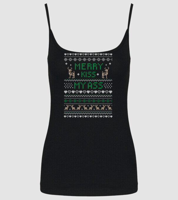 Merry kiss my ass ugly sweater model negru pe tricou