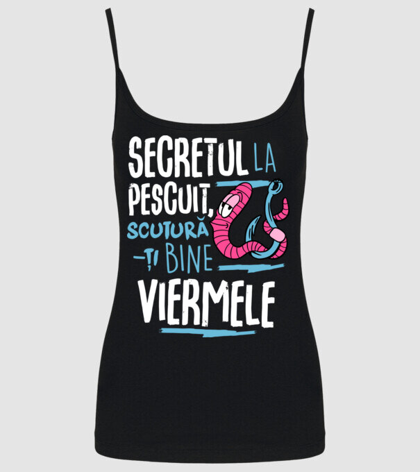 Secretul la pescuit scutură-ți bine viermele model negru pe tricou