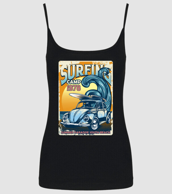 Surfer Camp model negru pe tricou