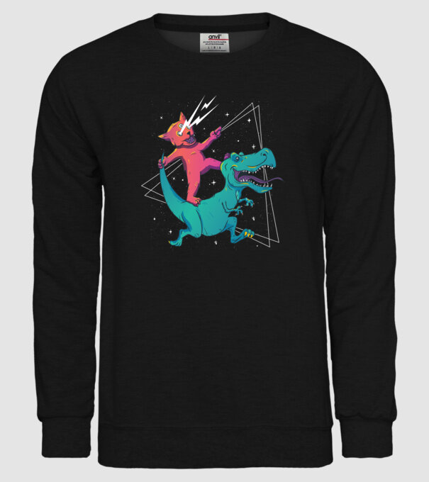 Pisică drogată pe dinozaur model negru pe tricou