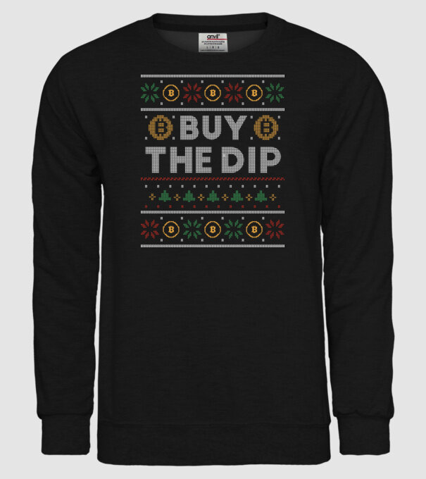 Buy the Dip Bitcoin Ugly Sweater model negru pe tricou