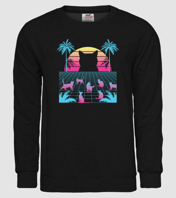 Pisică Vaporwave neon model negru pe tricou