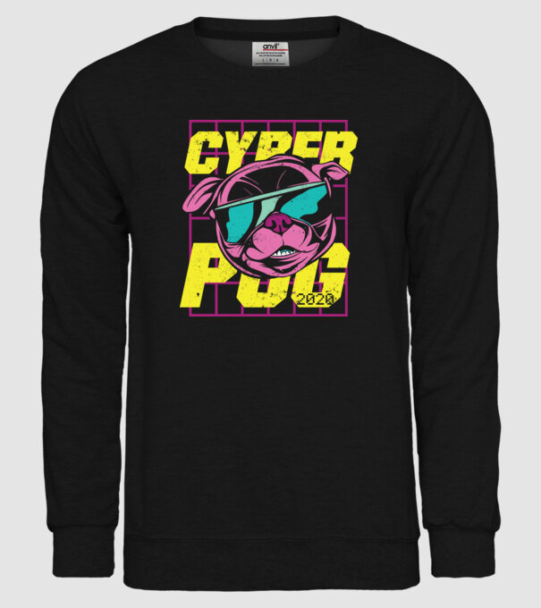 Mops Cyber Pug model negru pe tricou