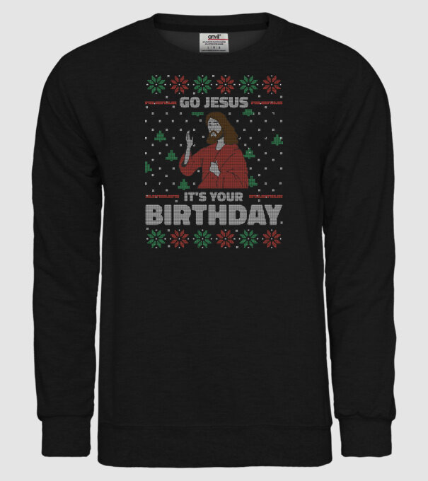 'Go Jesus, It''s Your Birthday Ugly Sweater' model negru pe tricou
