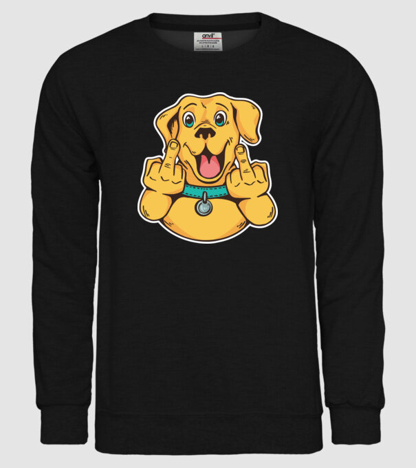 Golden Retriever arată degetul model negru pe tricou