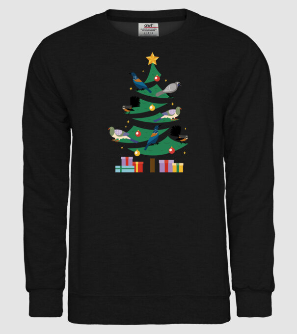 Pom de Crăciun cu păsări model negru pe tricou
