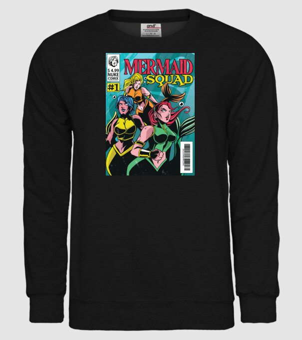 benzi desenate Mermaid Squad model negru pe tricou