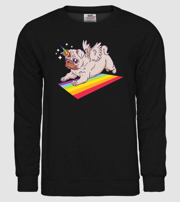 Mops unicorn model negru pe tricou