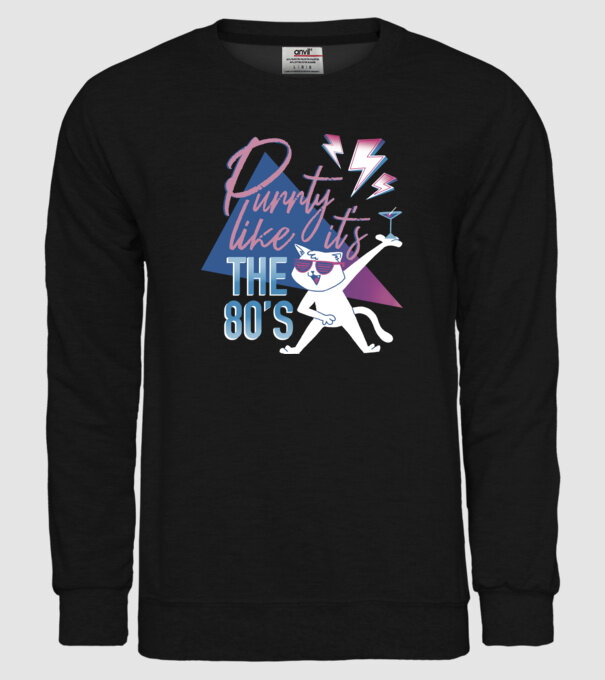 'Purrty Like it''s the 80''s' model negru pe tricou