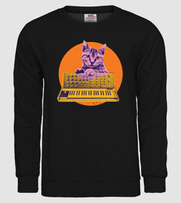 Pisică cu sintetizator model negru pe tricou