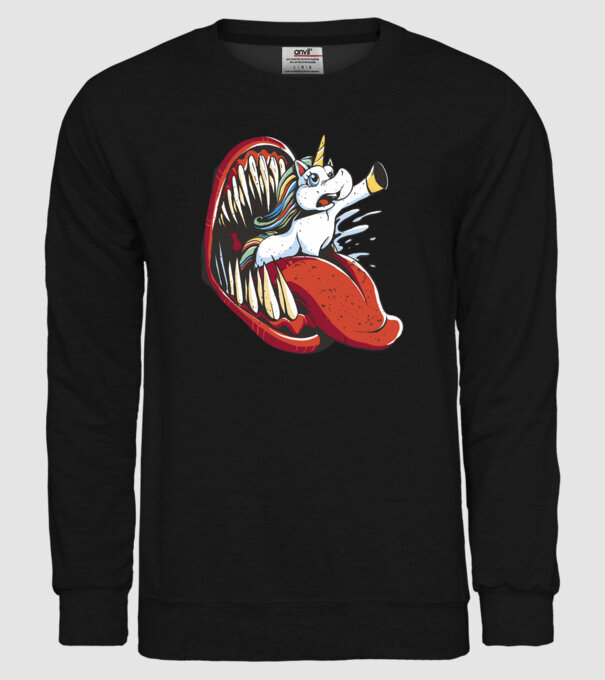În gura monstrului Unicorn model negru pe tricou