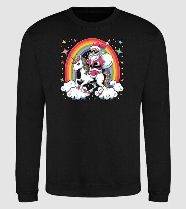 Moș Crăciun cool pe un unicorn model negru pe tricou