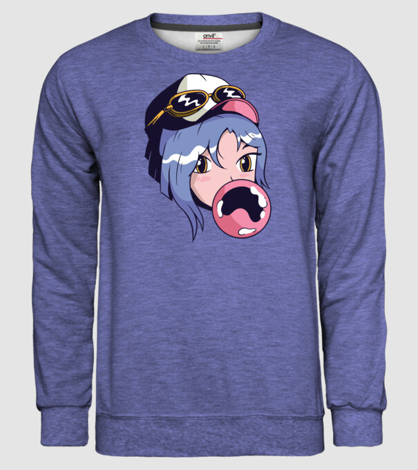 fată Anime cu gumă de mestecat model albastru jeanși pe tricou