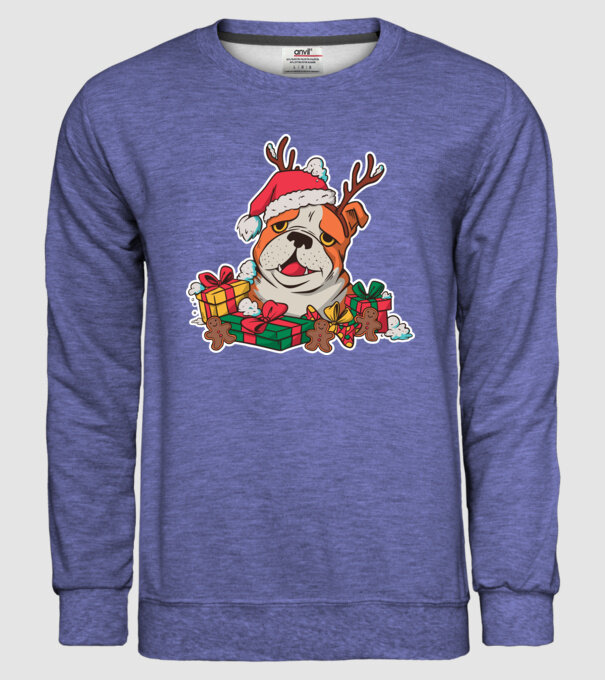 Bulldog de Crăciun model albastru jeanși pe tricou