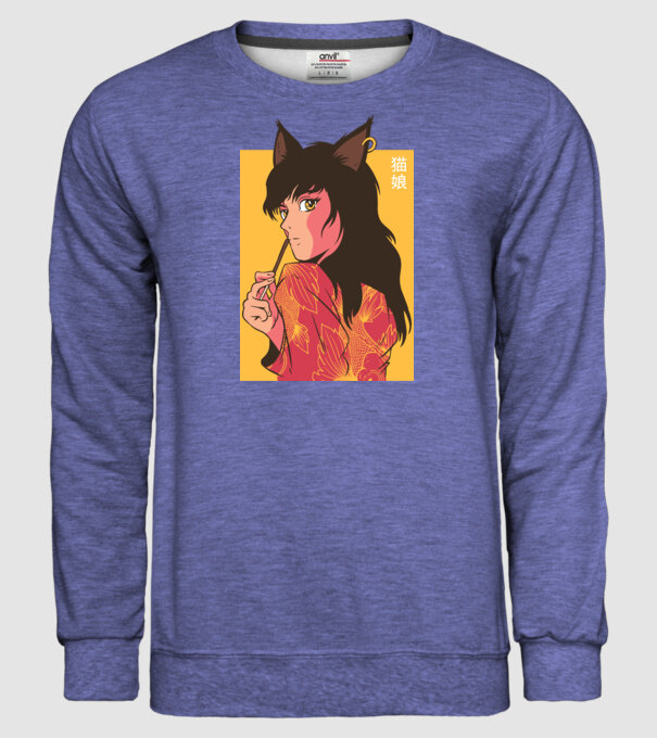 Pisică Fată Anime model albastru jeanși pe tricou