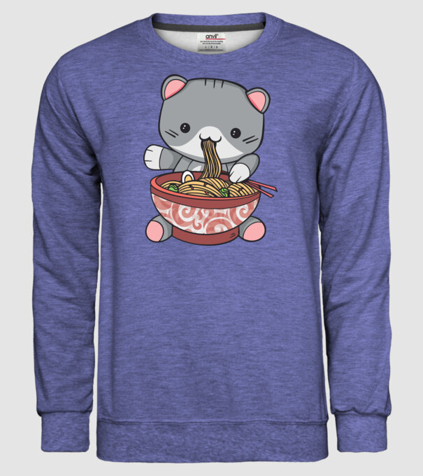 Pisică Kawaii Ramen model albastru jeanși pe tricou