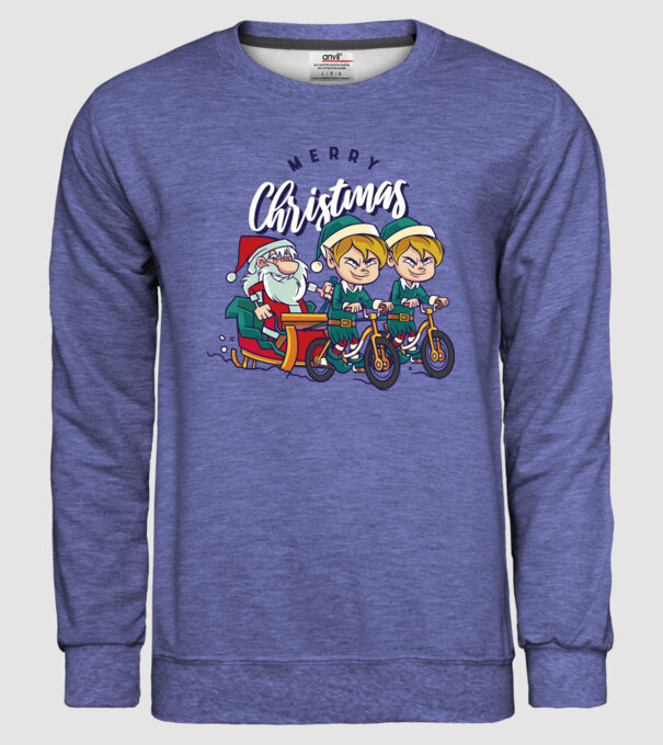 Merry Christmas Moș Crăciun cu sanie cu bicicletă model albastru jeanși pe tricou