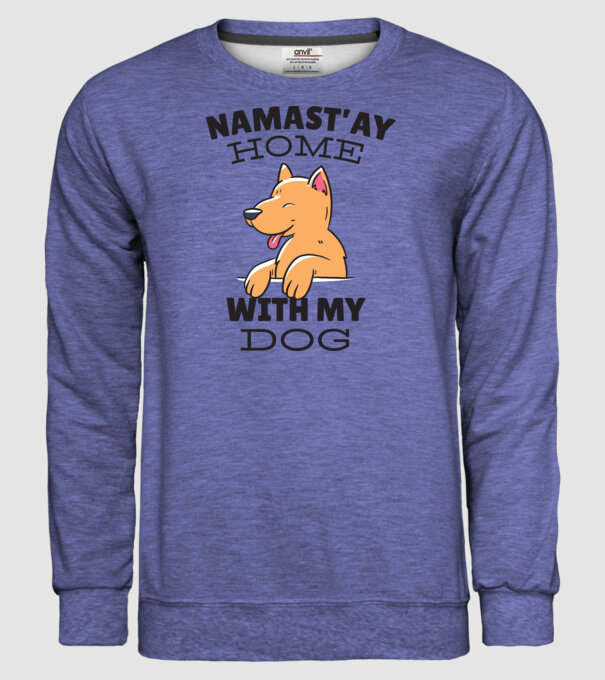 'Namast''ay Home with my Dog -Yoga Carantină' model albastru jeanși pe tricou