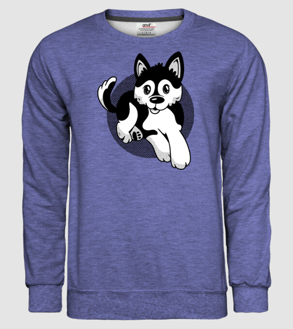 Câine Pomsky model albastru jeanși pe tricou